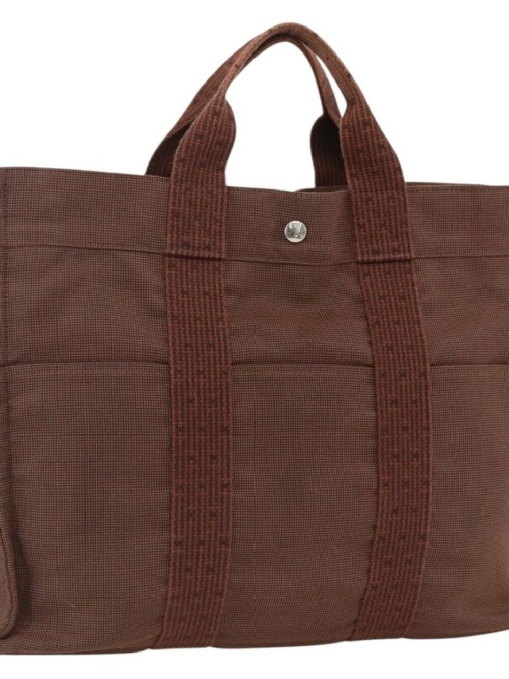 HERMES Her Line MM Hand Bag Canvas Brown Silver Auth ARZ296